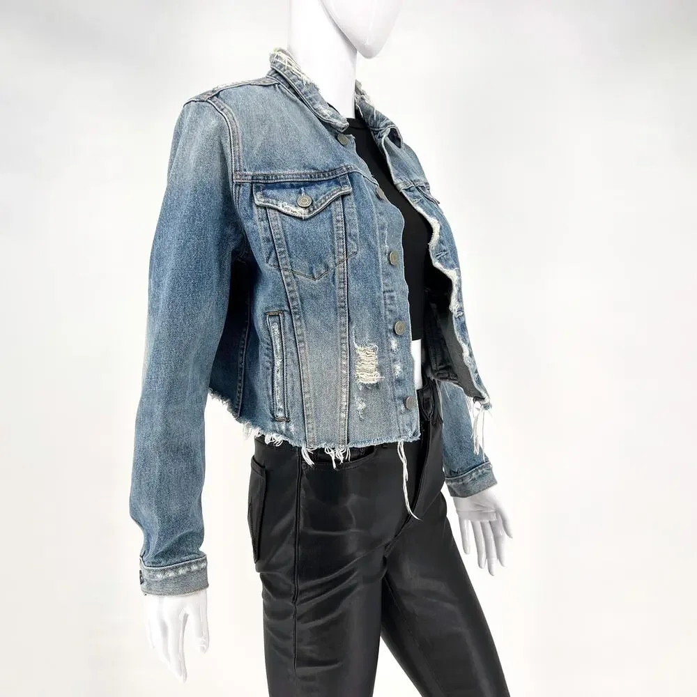 GRLFRND Cara Cropped Denim Jacket Women’s Size Small Mary Jane Distressed